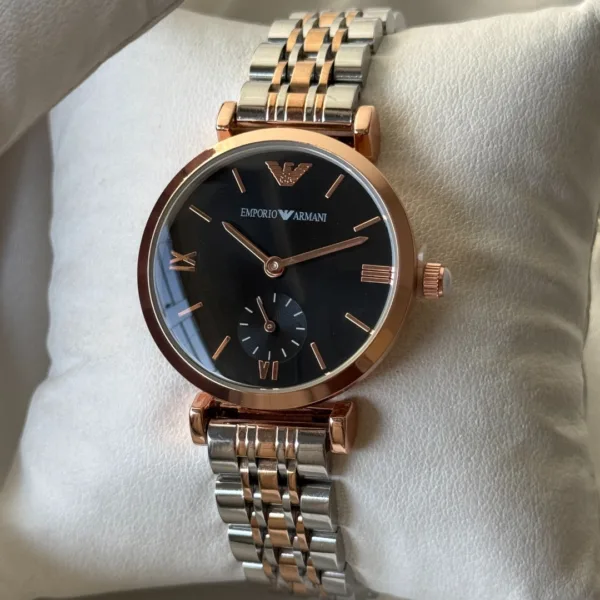 Armani-AR11058 (Chronograph Watch) – Black Dial / Rose Gold & Silver Strap