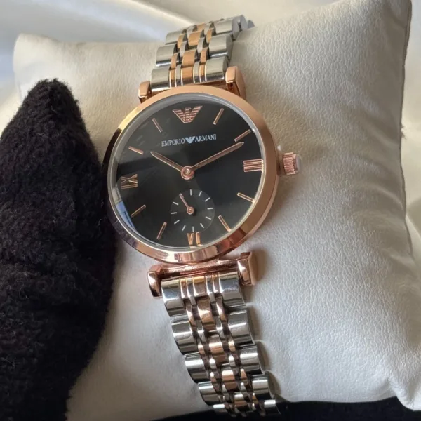 Armani-AR11058 (Chronograph Watch) – Black Dial / Rose Gold & Silver Strap