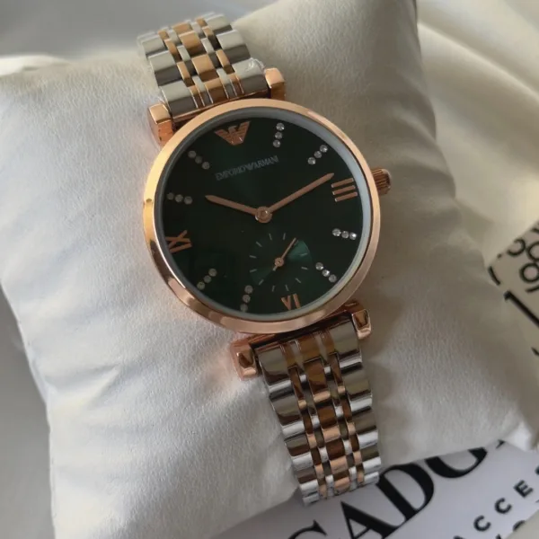 Armani-AR11058 (Chronograph Watch) – Green Dial / Rose Gold & Silver Strap