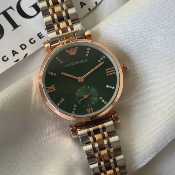 Armani-AR11058 (Chronograph Watch) – Green Dial / Rose Gold & Silver Strap