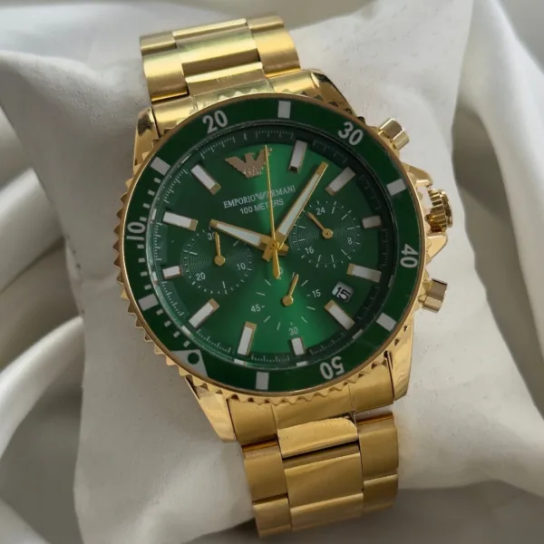 Armani-AR11362 (Chronograph Watch) – Green Dial / Gold Strap