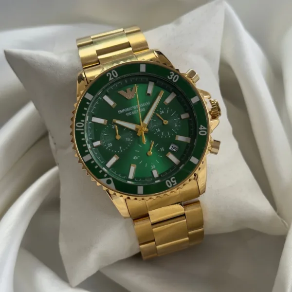 Armani-AR11362 (Chronograph Watch) – Green Dial / Gold Strap