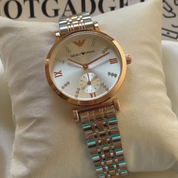 Armani-AR1819 (Chronograph Watch) – White Crystal Dial / Rose & Silver Strap