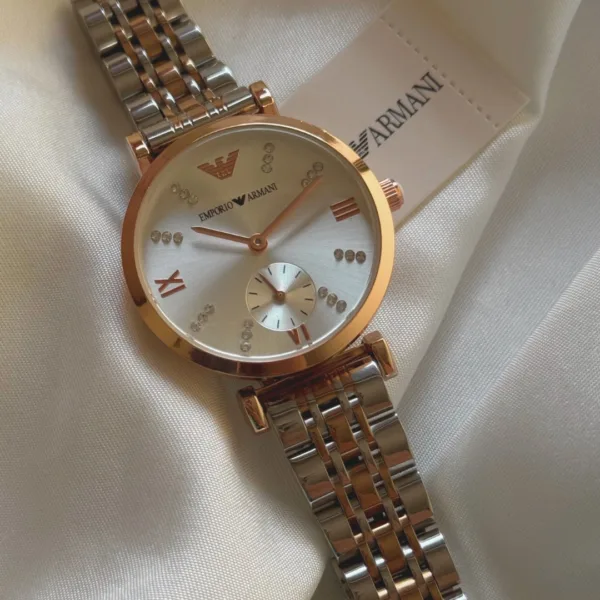 Armani-AR1819 (Chronograph Watch) – White Crystal Dial / Rose & Silver Strap