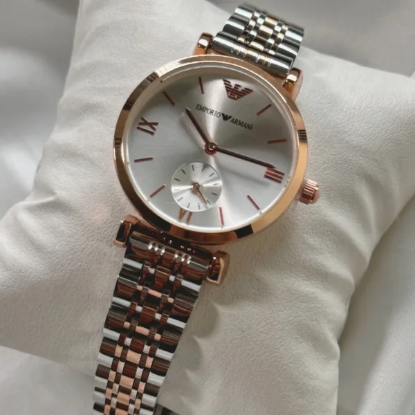 Armani-AR1819 (Chronograph Watch) – White Dial / Rose & Silver Strap