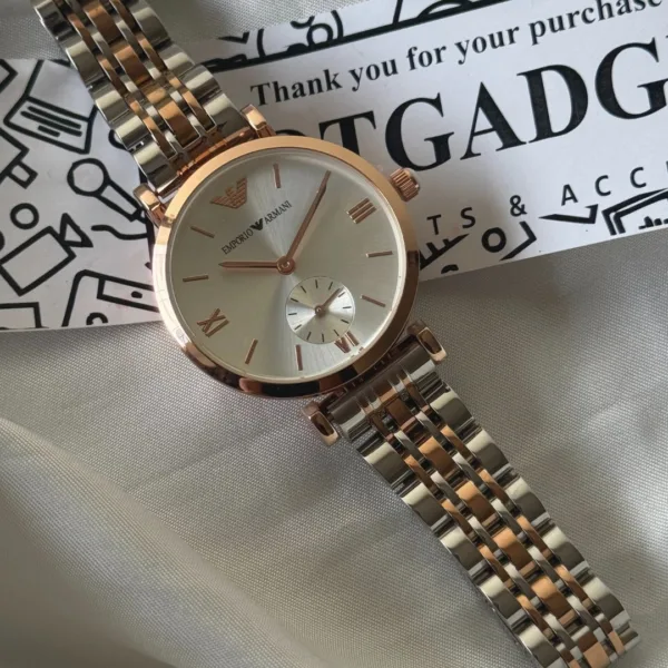 Armani-AR1819 (Chronograph Watch) – White Dial / Rose & Silver Strap