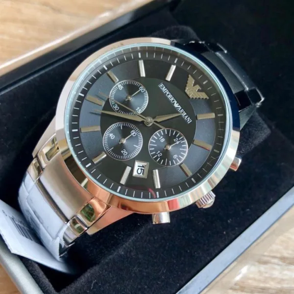 Armani-AR2434 (Chronograph Watch) – Black Dial / Silver Strap