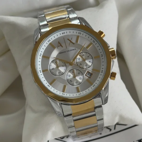Armani-AX1771 (Chronograph Watch) – White Dial / Gold & Silver Strap
