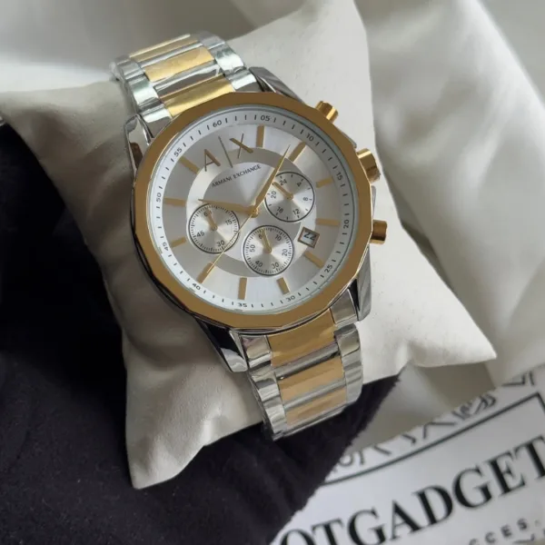 Armani-AX1771 (Chronograph Watch) – White Dial / Gold & Silver Strap