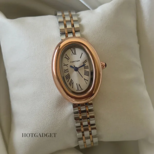 Cartier-Baignoire - (Analog Watch) – White Dial / Rose Gold & Silver Strap