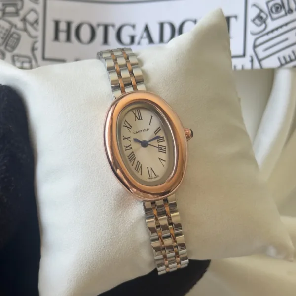 Cartier-Baignoire - (Analog Watch) – White Dial / Rose Gold & Silver Strap