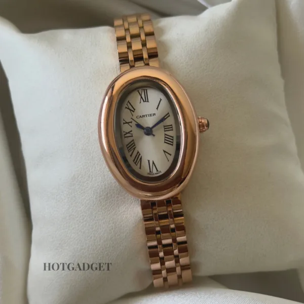 Cartier-Baignoire - (Analog Watch) – White Dial / Rose Gold Strap