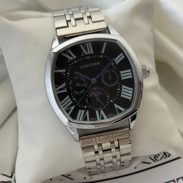 Cartier-Drive Moon (Chronograph Watch) – Black Dial / Silver Strap