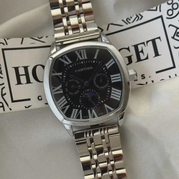 Cartier-Drive Moon (Chronograph Watch) – Black Dial / Silver Strap
