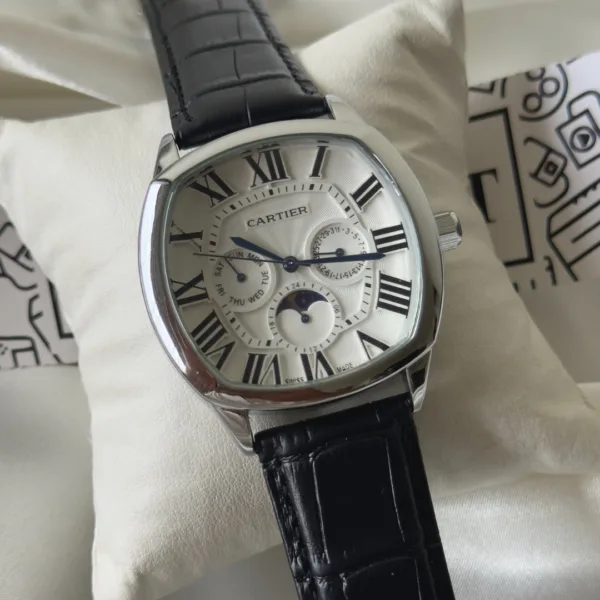 Cartier-Drive Moon (Chronograph Watch) – White Dial / Black Strap