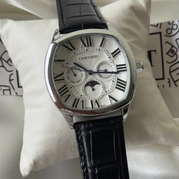 Cartier-Drive Moon (Chronograph Watch) – White Dial / Black Strap