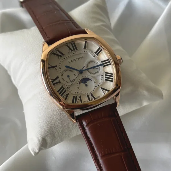 Cartier-Drive Moon (Chronograph Watch) – White Dial / Brown Strap