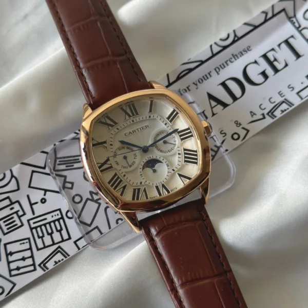 Cartier-Drive Moon (Chronograph Watch) – White Dial / Brown Strap