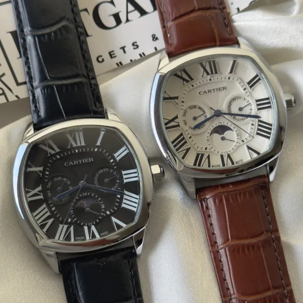 Cartier-Drive Moon (Chronograph Watch) – White Dial / Brown Strap – Silver Case