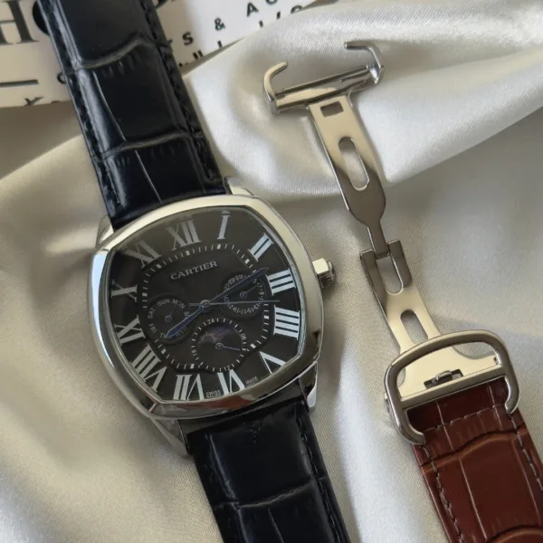 Cartier-Drive Moon (Chronograph Watch) – White Dial / Brown Strap – Silver Case
