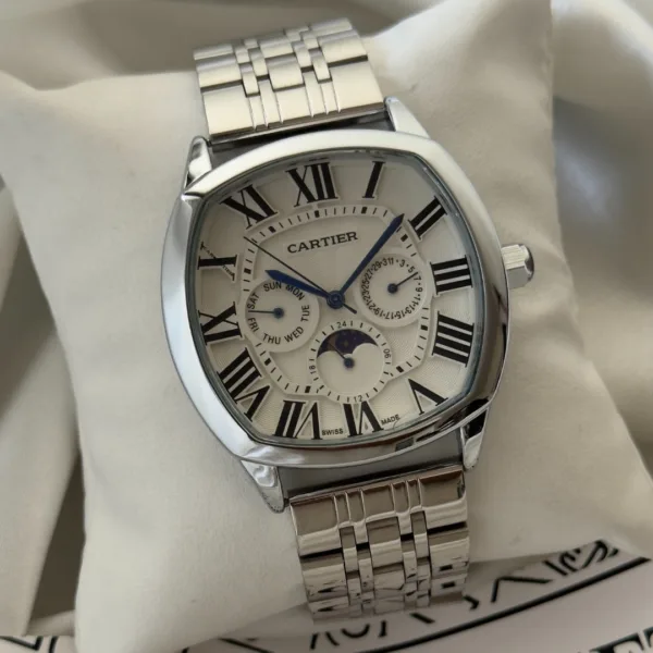 Cartier-Drive Moon (Chronograph Watch) – White Dial / Silver Strap