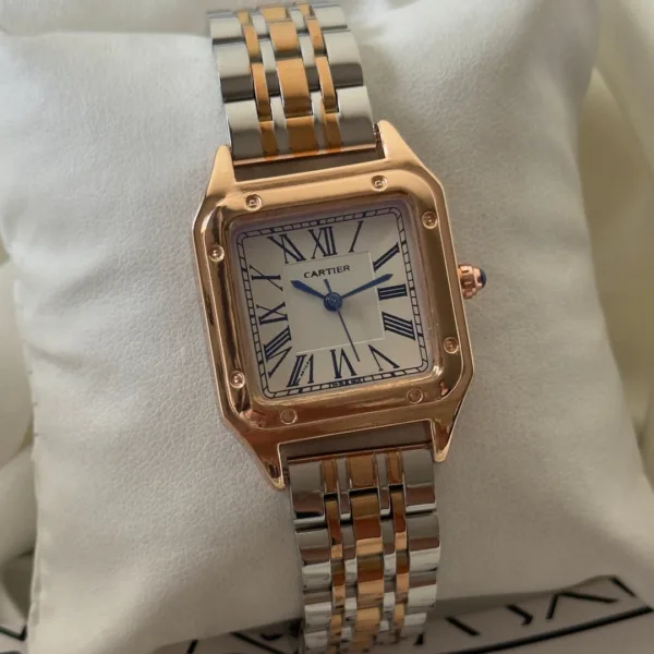 Cartier-Santos - (Analog Watch) – White Dial / Silver & Rose Gold Strap