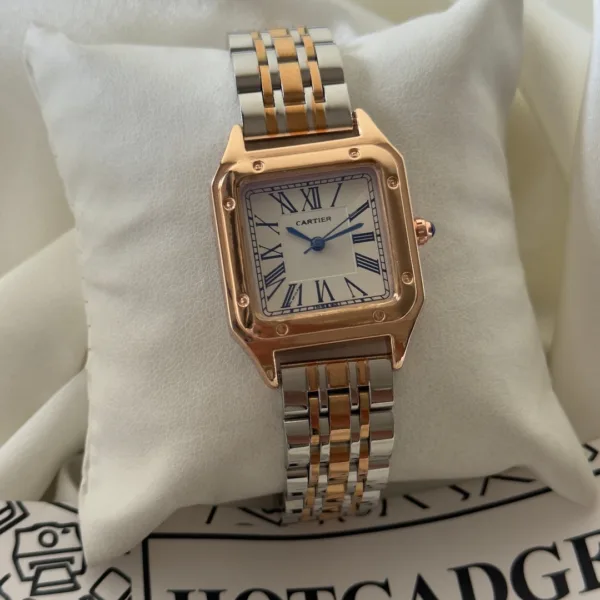 Cartier-Santos - (Analog Watch) – White Dial / Silver & Rose Gold Strap