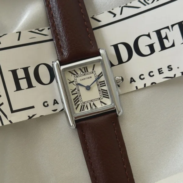 Cartier-TANK - (Analog Watch) – White Dial / Brown Strap – Silver Case