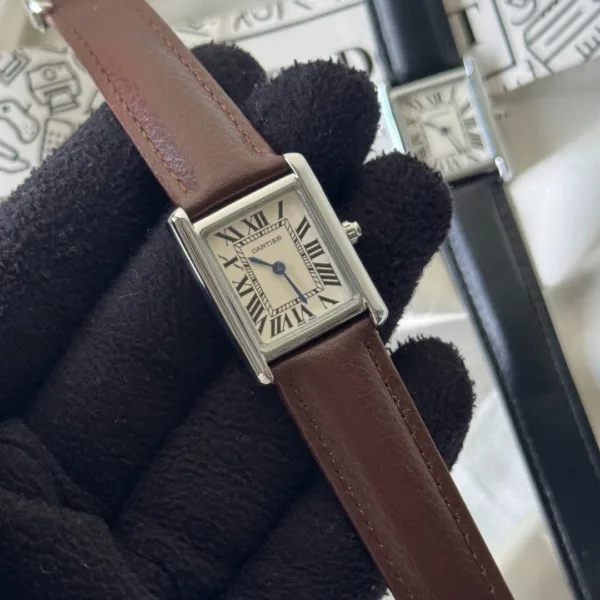 Cartier-TANK - (Analog Watch) – White Dial / Brown Strap – Silver Case