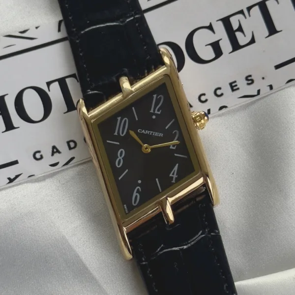 Cartier-Tank Asymétrique (Analog Watch) – Black Dial / Black Strap – Gold Case
