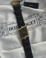 Cartier-Tank Asymétrique (Analog Watch) – Black Dial / Black Strap – Gold Case