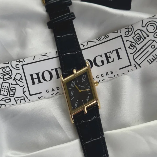 Cartier-Tank Asymétrique (Analog Watch) – Black Dial / Black Strap – Gold Case