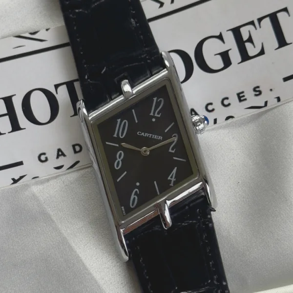 Cartier-Tank Asymétrique (Analog Watch) – Black Dial / Black Strap – Silver Case