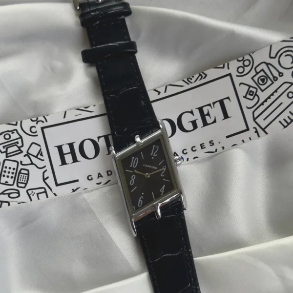 Cartier-Tank Asymétrique (Analog Watch) – Black Dial / Black Strap – Silver Case