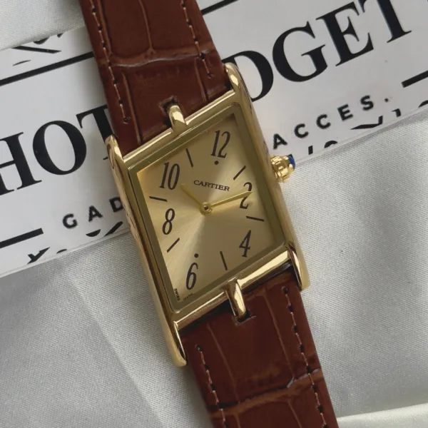 Cartier-Tank Asymétrique (Analog Watch) – Gold Dial / Brown Strap
