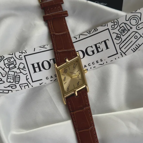 Cartier-Tank Asymétrique (Analog Watch) – Gold Dial / Brown Strap