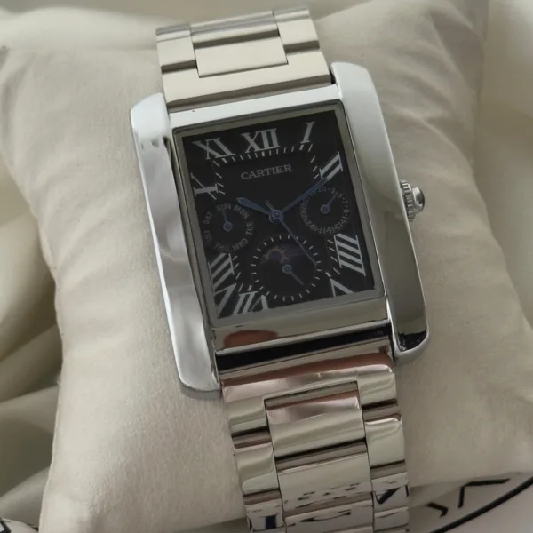 Cartier-Tank MC (Chronograph Watch) – Black Dial / Silver Strap