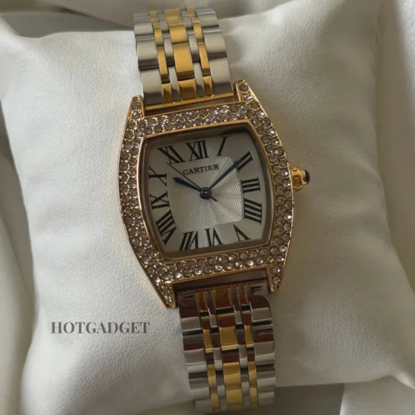 Cartier-Tortue - (Analog Watch) – White Dial / Silver & Gold Strap