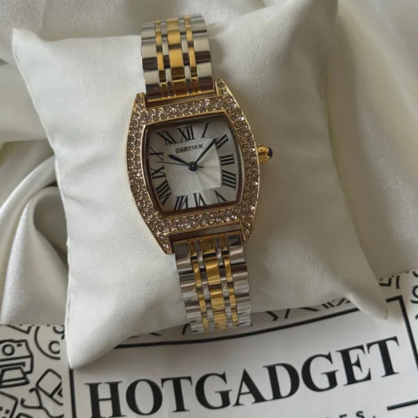 Cartier-Tortue - (Analog Watch) – White Dial / Silver & Gold Strap