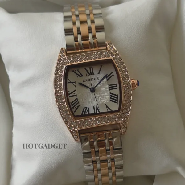 Cartier-Tortue - (Analog Watch) – White Dial / Silver & Rose Gold Strap