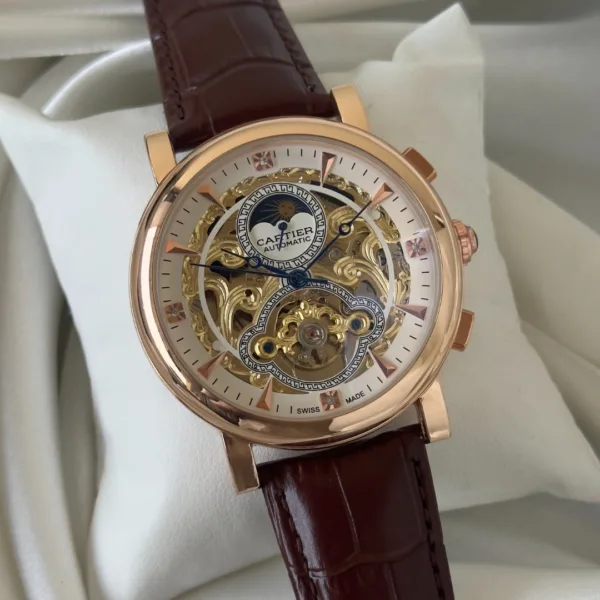 Cartier-Tourbillon (Automatic Watch) – Gold Skeleton Dial / Brown Strap
