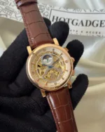 Cartier-Tourbillon (Automatic Watch) – Gold Skeleton Dial / Brown Strap