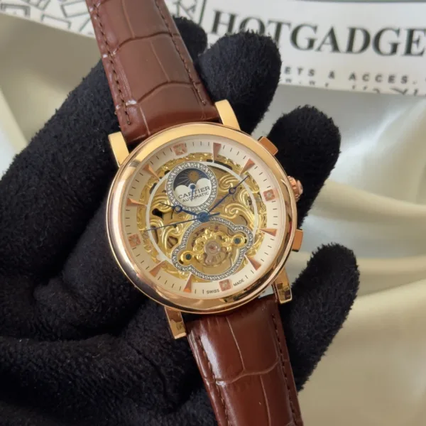 Cartier-Tourbillon (Automatic Watch) – Gold Skeleton Dial / Brown Strap
