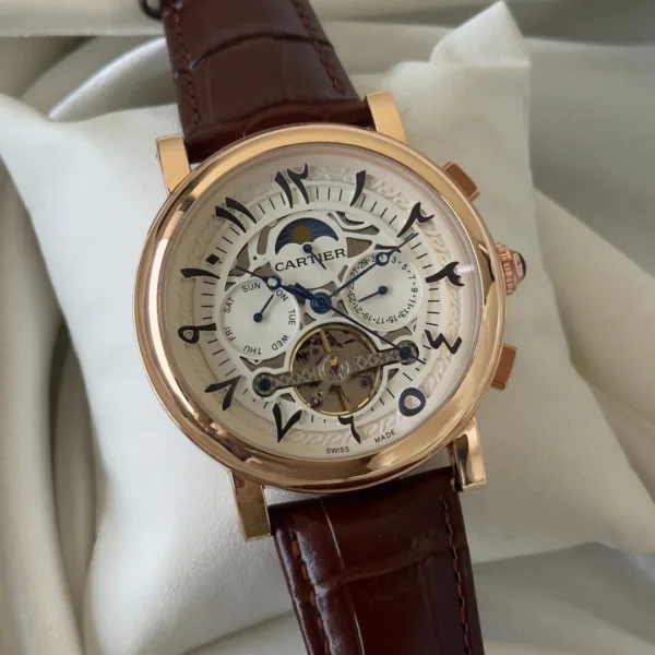 Cartier-Tourbillon (Automatic Watch) – White Dial / Brown Strap – Arabic Numerals