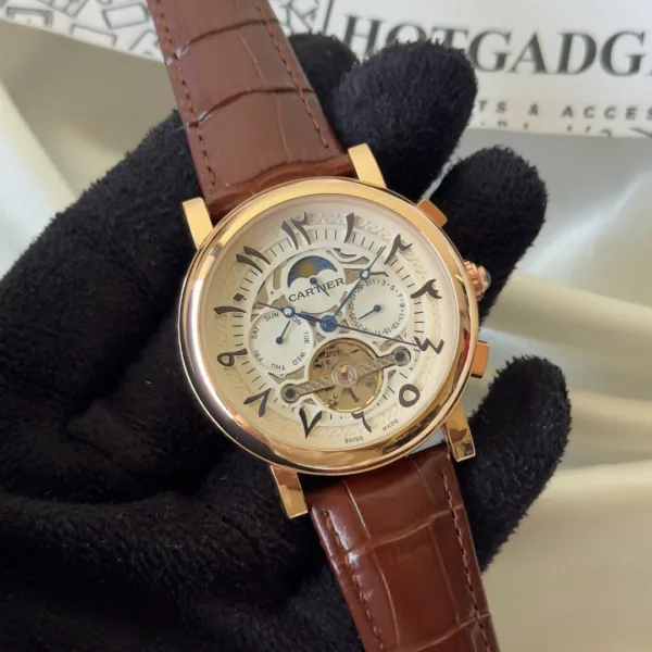 Cartier-Tourbillon (Automatic Watch) – White Dial / Brown Strap – Arabic Numerals