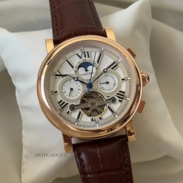 Cartier-Tourbillon (Automatic Watch) – White Dial / Brown Strap – Moonphase