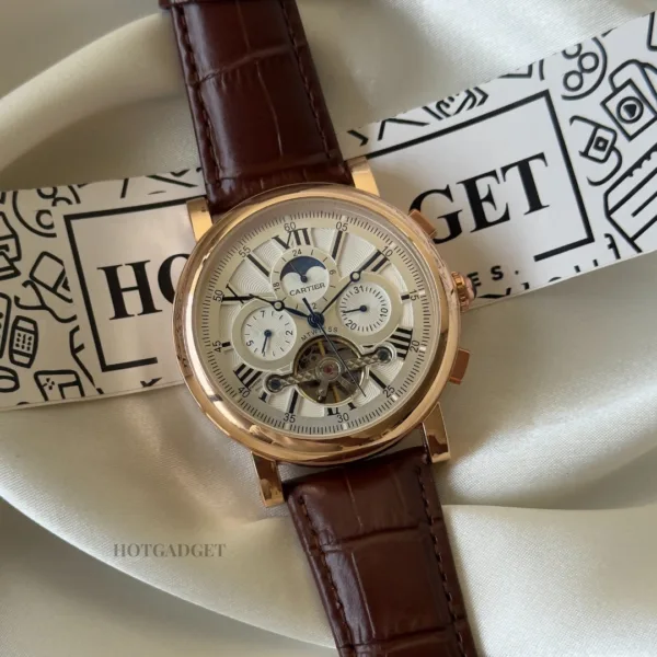 Cartier-Tourbillon (Automatic Watch) – White Dial / Brown Strap – Moonphase