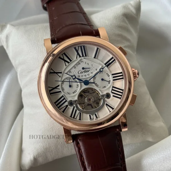 Cartier-Tourbillon (Automatic Watch) – White Dial / Brown Strap – Roman Numerals