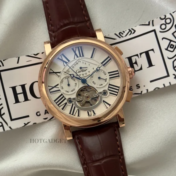 Cartier-Tourbillon (Automatic Watch) – White Dial / Brown Strap – Roman Numerals