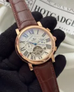 Cartier-Tourbillon (Automatic Watch) – White Dial / Brown Strap – Roman Numerals
